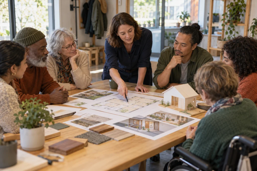 Residents and a housing designer discussing a simple home layout with entrance and storage ideas, inclusive community meeting without identifiable documents