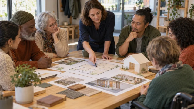 Residents and a housing designer discussing a simple home layout with entrance and storage ideas, inclusive community meeting without identifiable documents