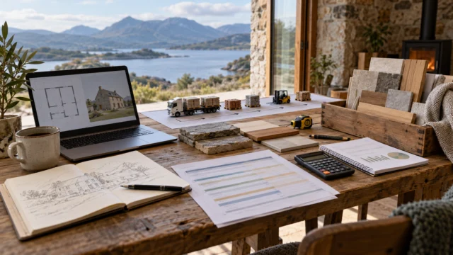 A remote renovation budget workspace with transport stages, labelled material list and a clear contingency record