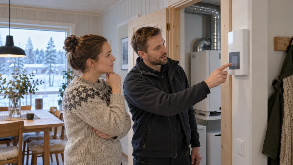 A housing professional explaining a home ventilation control to an adult resident in a northern house, no technical settings readable