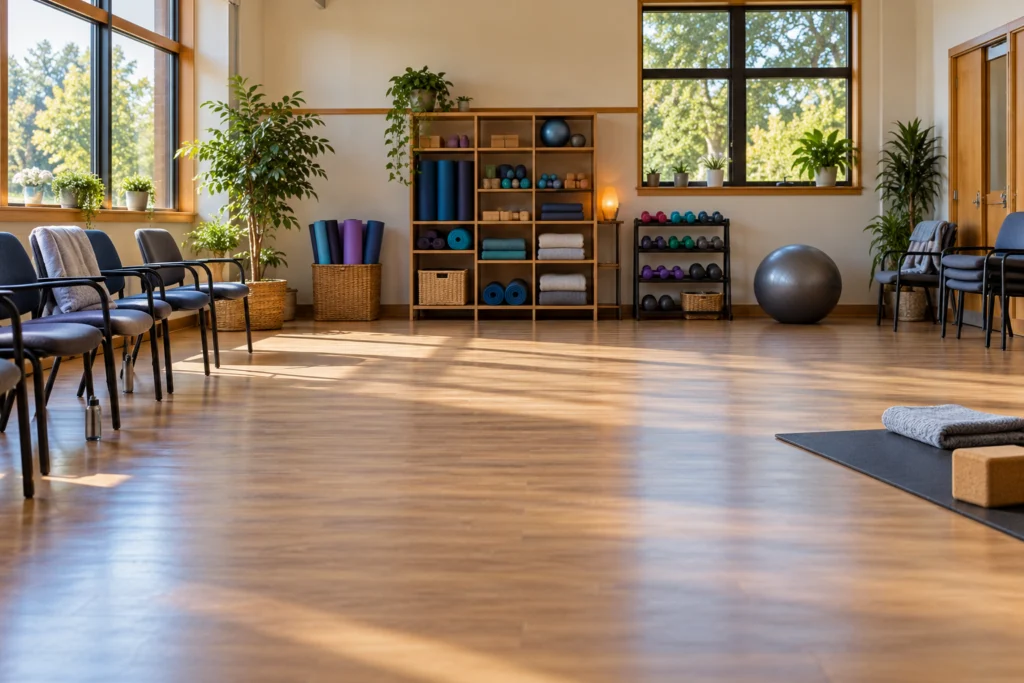 A modest community indoor movement space with clear floor area, accessible seating and organised light equipment storage