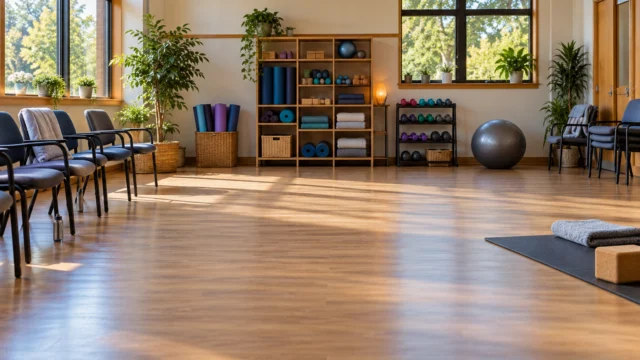 A modest community indoor movement space with clear floor area, accessible seating and organised light equipment storage
