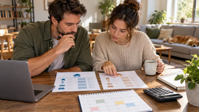 Two generic housing cost worksheets comparing rent, utilities, travel and setup, with a simple household calendar