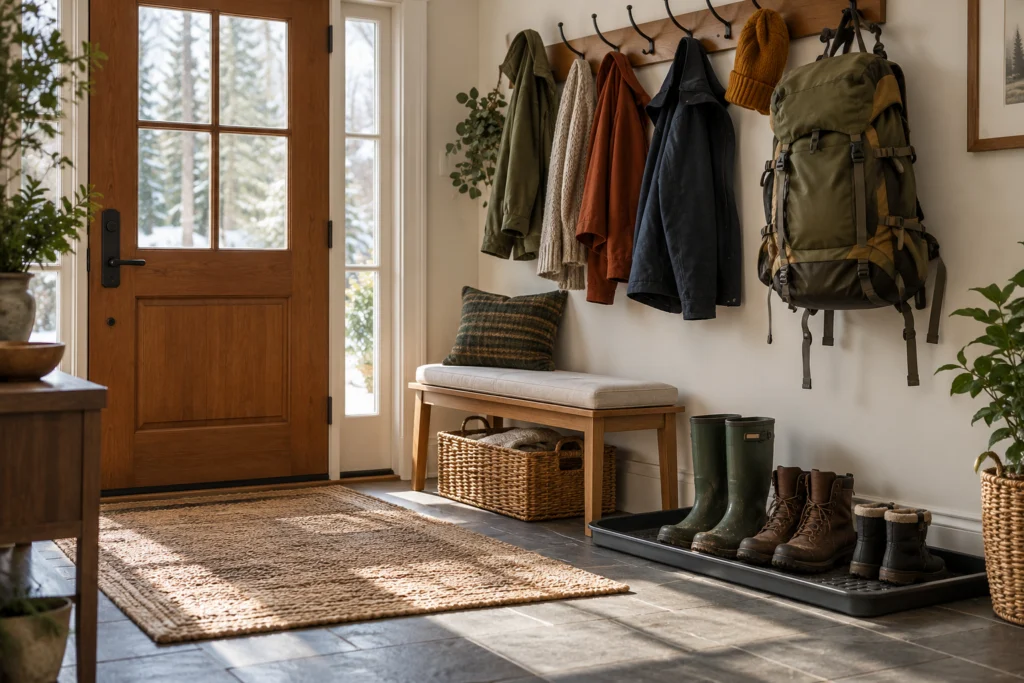 A clear entryway layout with a stable small seat, wet boot tray, accessible dry hooks and a practical place for a bulky bag