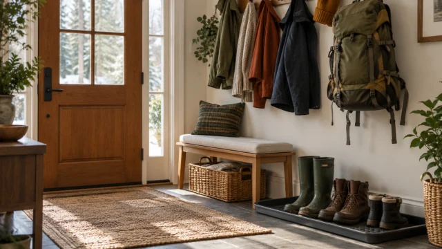 A clear entryway layout with a stable small seat, wet boot tray, accessible dry hooks and a practical place for a bulky bag