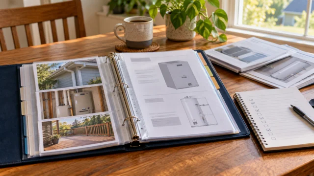 A simple home maintenance folder with dated photos, equipment manuals and a concise open-items checklist