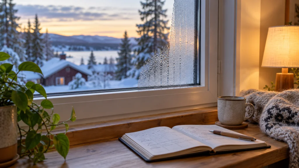 A northern home window with a small visible condensation area and a resident’s dated observation notebook, calm non-alarmist scene