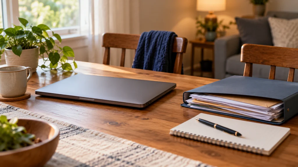A shared-home desk with a closed personal laptop and clearly separated household bill folder, calm private setting without casino imagery