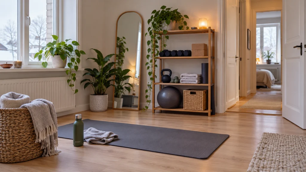 A compact indoor exercise corner in a northern home with a neutral mat, clear door route and small organised storage