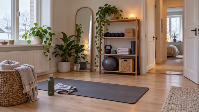 A compact indoor exercise corner in a northern home with a neutral mat, clear door route and small organised storage