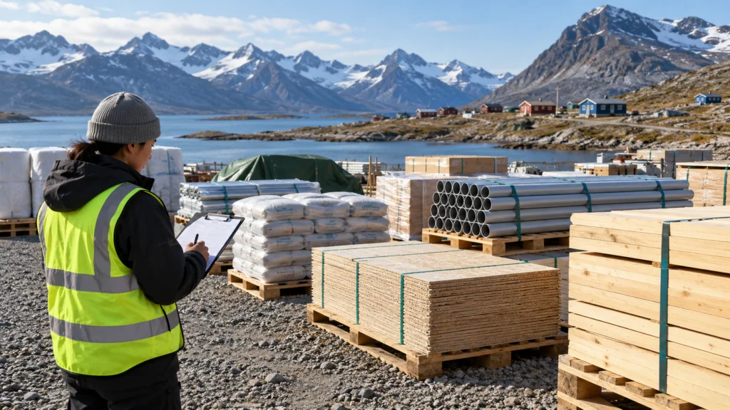Clearly labelled building-material packages in a prepared remote-community storage area with an inspection checklist and no supplier branding