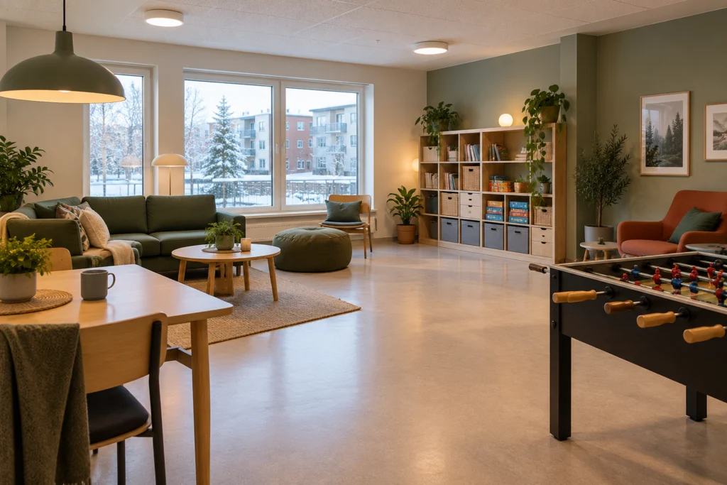 A modest shared recreation room in a northern housing development with flexible seating, tidy storage and clear open floor space
