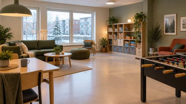 A modest shared recreation room in a northern housing development with flexible seating, tidy storage and clear open floor space