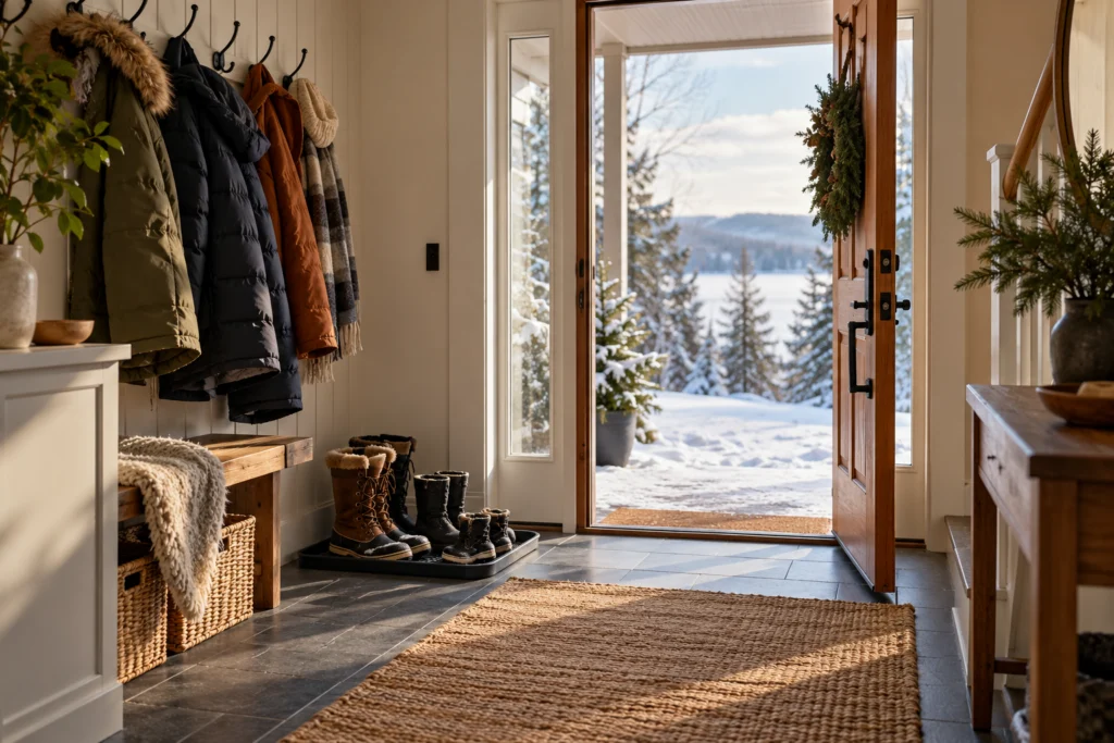 A practical northern home entrance with bulky winter coats, a removable boot tray and a clear unobstructed doorway