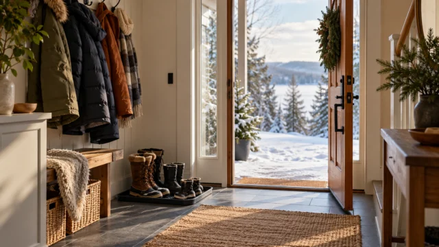 A practical northern home entrance with bulky winter coats, a removable boot tray and a clear unobstructed doorway
