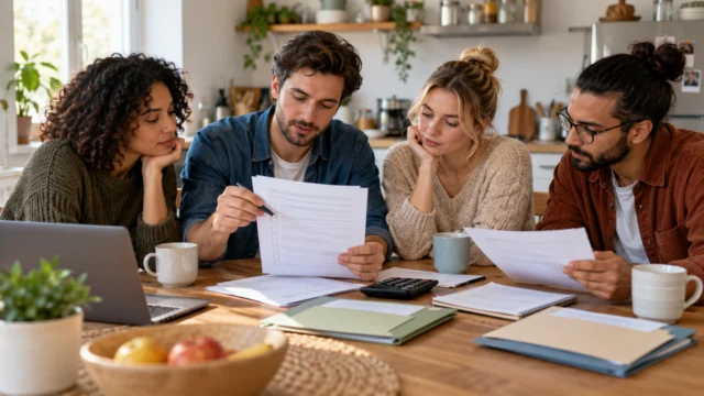 Adults reviewing a generic shared-housing checklist at a kitchen table with separate bill folders, no personal tenancy information