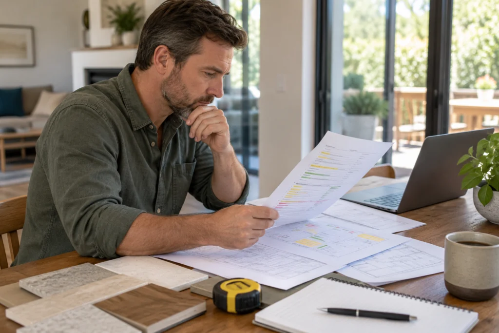 A homeowner reviewing a generic contractor scope with highlighted tasks, materials and exclusions on a clean desk