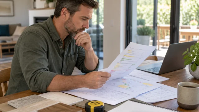 A homeowner reviewing a generic contractor scope with highlighted tasks, materials and exclusions on a clean desk