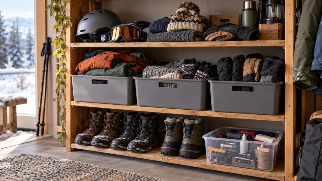 An organised seasonal equipment shelf with clear labels, dry winter gear and a separate small repair bin