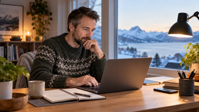 An adult using a secure personal device at a quiet northern home desk with a spending notebook, no gambling logos or account details