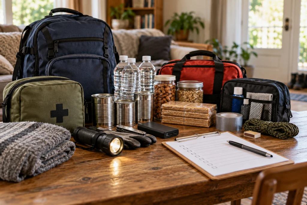 An organised household emergency kit in manageable bags with a flashlight, sealed supplies and a dated checklist, no hazardous storage