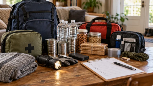 An organised household emergency kit in manageable bags with a flashlight, sealed supplies and a dated checklist, no hazardous storage