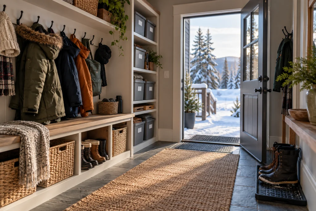A compact northern home clothing area with reachable hooks, labelled dry storage bins and a clear entrance route