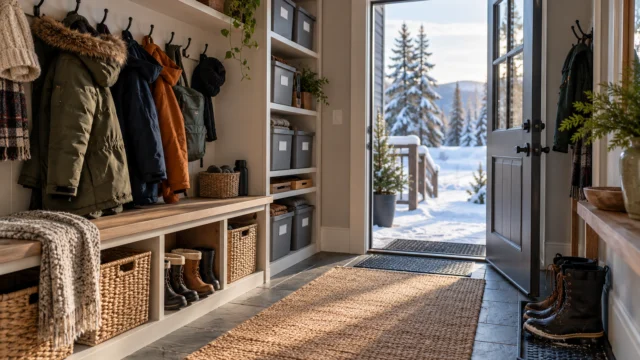 A compact northern home clothing area with reachable hooks, labelled dry storage bins and a clear entrance route